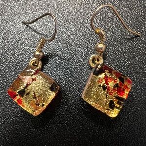 Murano Glass - Unsigned - Box Drop Red Gold Black Dainty Hook Style Earrings